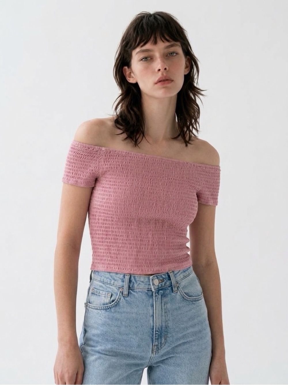 iris Smocked Off-Shoulder Crop Top in Dusty Pink